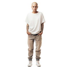 Fashion portrait of a man with a shaved head, wearing a white oversized t-shirt and beige chino pants with cuffed ends, revealing grey socks and white high-top sneakers