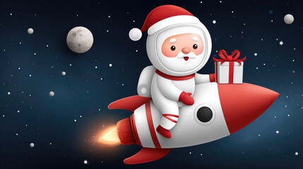Futuristic santa in space suit delivering gifts on rocket sleigh - cosmic holiday adventure art for christmas card design