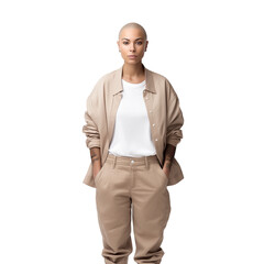 Striking portrait of a confident woman with a shaved head. She wears a light beige open overshirt over a simple white top and matching light-colored, loose-fitting pants