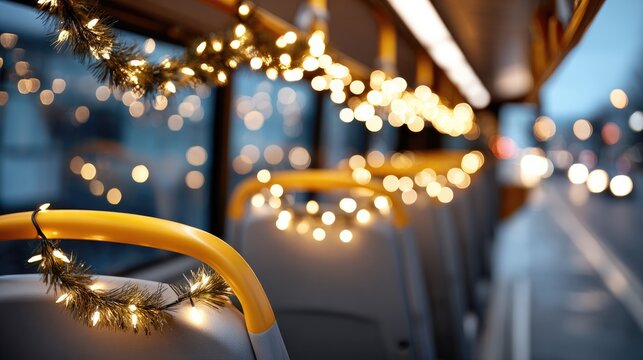 Festive holiday ambiance in bus interior with twinkling tinsel garlands – perfect for seasonal travel illustrations
