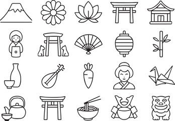 Japanese culture icons isolated on white background a collection of traditional symbols in simple line art style for graphic design projects