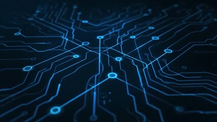 Illuminated blue circuit board lines, digital connection and data flow concept, dark background - Powered by Adobe