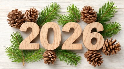 New year 2026 celebration with wooden numbers and pine cones for rustic holiday decor and design ideas