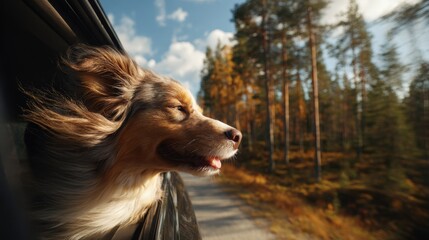 Dogs traveling in car with heads out the window &ndash; joyful pet travel concept