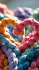 Close-up of colorful heart-shaped yarn, showcasing texture, craft, and the beauty of handmade textiles
