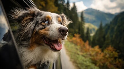 Dogs traveling in car with heads out the window &ndash; joyful pet travel concept