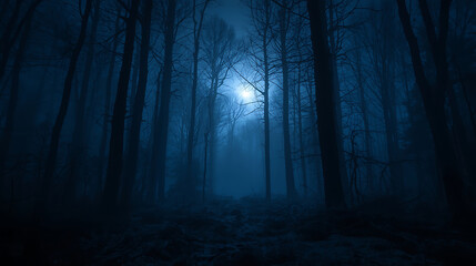 Naklejka premium Eerie blue forest at night with moonlight shining through the trees, perfect for mystery novels and fantasy book covers, creating a dark and atmospheric mood