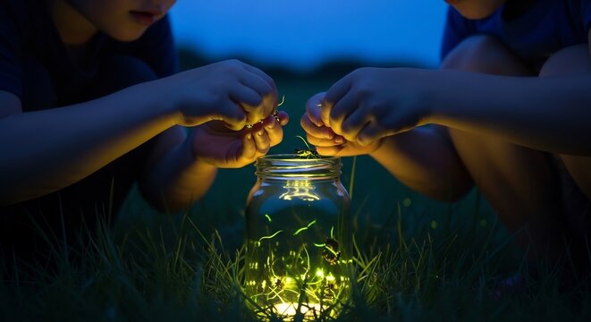 Children catching fireflies in jar at dusk. Perfect for summer nature, childhood, family fun, camping, environmental science, or ecological awareness campaigns.