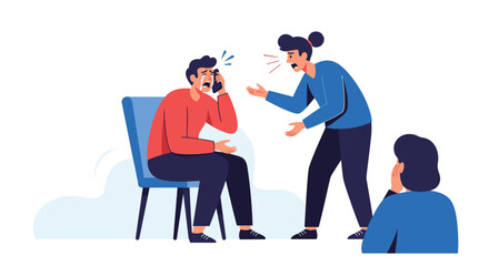 Man crying on phone while another person yells at him and a third person watches.