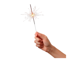 Hand holding sparkler for festive celebration and holiday party on transparent background