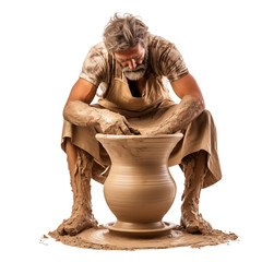 Potter works on pottery wheel shaping clay during the day in pottery studio