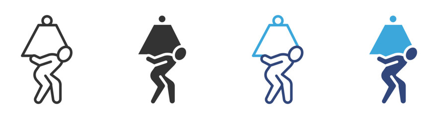 Weight carrying icon set, of person carrying extremely large briefcase on their back icon , vector illustration . 
