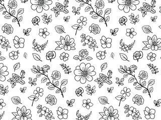 Seamless Hand Drawn Floral Pattern in Black and White with Leaves and Flowers