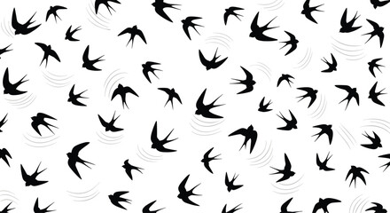Fototapeta premium A pattern of stylized black swallows in flight against a white background.