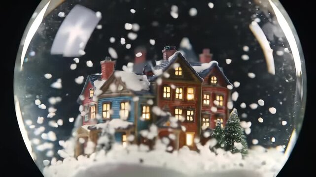 Mesmerizing Macro Snow Globe Rotation of a Festive Christmas Winter Holiday Decoration Village with Cozy Glowing Houses and Falling Snow.