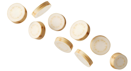 Falling Parsnip Slices PNG. Flying white root vegetable rounds isolated. Fresh raw organic soup ingredient. Healthy autumn harvest food cut pieces isolated