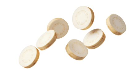 Falling Parsnip Slices PNG. Flying white root vegetable rounds isolated. Fresh raw organic soup ingredient. Healthy autumn harvest food cut pieces isolated