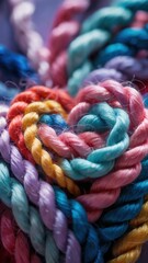 Closeup of colorful rope twisted into a heart shape, symbolizing love and creativity