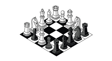 Isometric view of a chess board with white and black pieces arranged for a game.