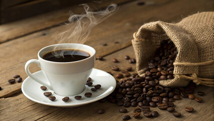 Steaming hot coffee in a white cup with roasted coffee beans and burlap sack