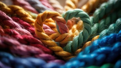 Closeup of colorful ropes twisted into a heart shape, symbolizing love and connection