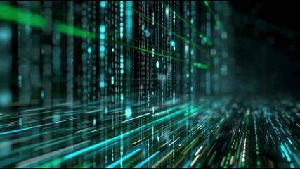 Animated digital overlay showing flowing lines of green and blue binary code and abstract data packets moving across a dimly lit server room background. - Powered by Adobe