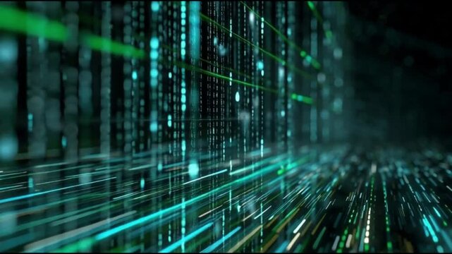 Animated digital overlay showing flowing lines of green and blue binary code and abstract data packets moving across a dimly lit server room background.