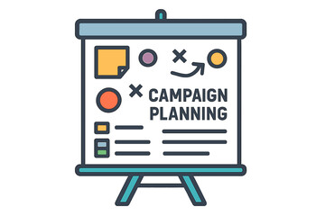 Campaign planning board with colorful diagrams and notes  
