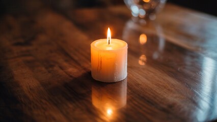 A single candle burning brightly on a wooden table, creating a warm and inviting atmosphere