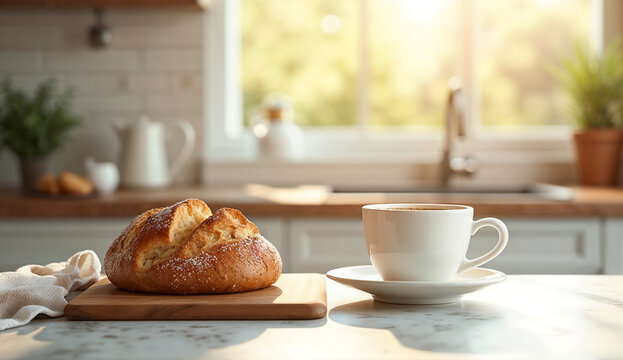 Beautiful modern kitchen table with fresh bread, and a cup of coffee in the morning