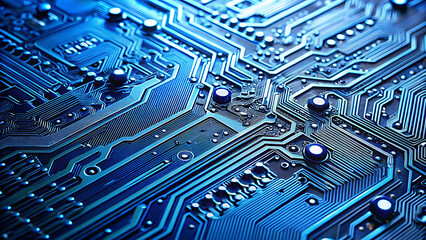 Close up of a blue illuminated electronic circuit board with intricate pathways and components