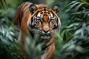 Fototapeta premium Majestic tiger stalking through dense green foliage with intense eyes focused forward, showcasing its powerful body and striking orange and black striped fur in natural habitat