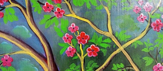 Vibrant Hand Painted Tree and Pink Flowers Art