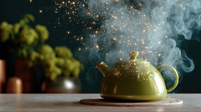 Green teapot on a wooden table with a dark background. the tea pot is in the center of the image and is placed on a round wooden coaster. it has a spout and a handle on the right side.