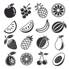 “Fruit vector icon set in flat black design”