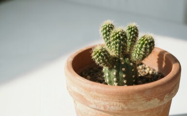 Close-up of a small cactus plant in a terracotta pot on a white background