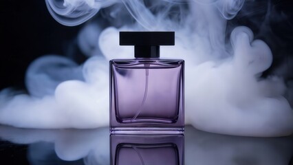 Purple perfume bottle with smoke on a reflective surface and black background