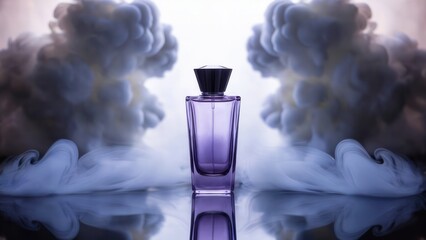 Elegant purple perfume bottle with smoke on a reflective surface and white background