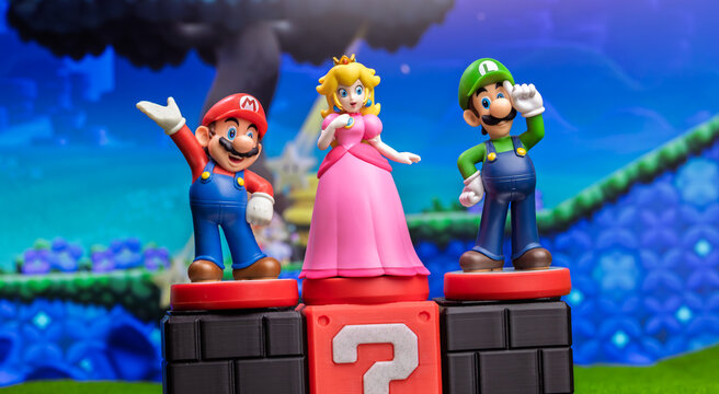 MOSCOW, RUSSIA - September 08, 2022: Super Mario Bros figure character.Super Mario is a Japanese platform video game series and media franchise created by Nintendo and featuring their mascot, Mario.