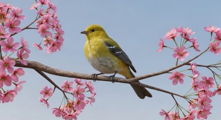Obraz premium Bright yellow bird perched on blossoming cherry branch against a pale blue sky