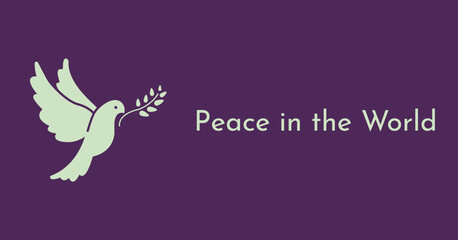 Minimalist peace dove with olive branch and text Peace in the World on purple background, symbol of harmony and hope
