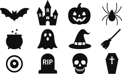 Obraz premium Collection set of halloween icons. Halloween silhouette elements vector. silhouettes of Halloween on a white background.