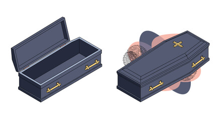 Two dark blue coffins, one open and one closed with decorative elements.