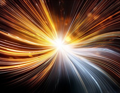 brilliant light source radiates golden and silver streaks in dynamic digital art piece with energetic and vibrant flow