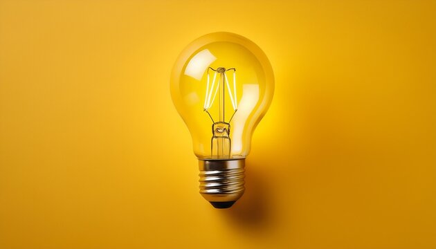 clean minimalist image of single bright idea in glowing light bulb on vibrant yellow background inspiring creativity and innovation