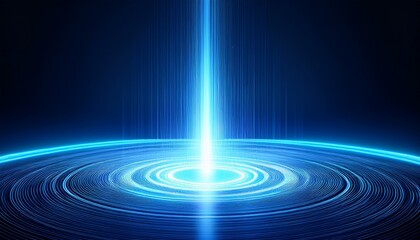 glowing vertical light beam shoots upward from bright circular ripple on dark blue background creating high tech and futuristic visual effect