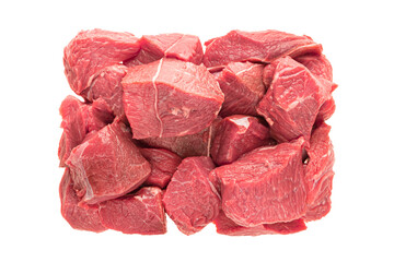 Chunks of fresh red meat are arranged on a clean white background, emphasizing their quality and texture. Ideal for recipes or food marketing purposes.