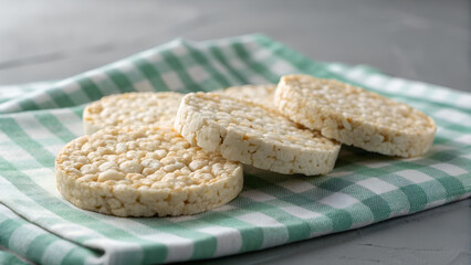 Three round puffed rice cakes arranged on a light green checkered cloth with a dark background
