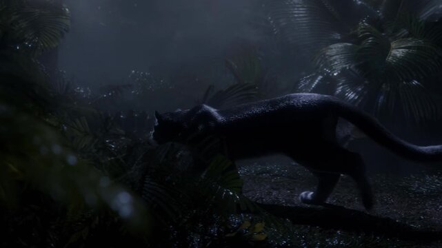 A panther moves quietly through a dark, misty jungle at night. The lush surroundings highlight its grace and power as it navigates the dense foliage under the moonlight
