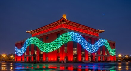 Fototapeta premium Modern Chinese Building Illuminated with Wavy Blue and Green Lights architecture